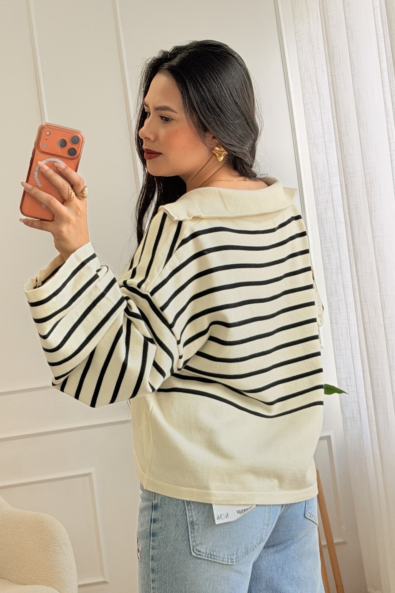 Blusa às riscas com gola polo e fecho-éclair - lavishiochicBlusalavishiochic