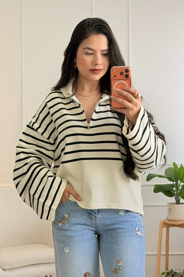 Blusa às riscas com gola polo e fecho-éclair - lavishiochicBlusalavishiochic