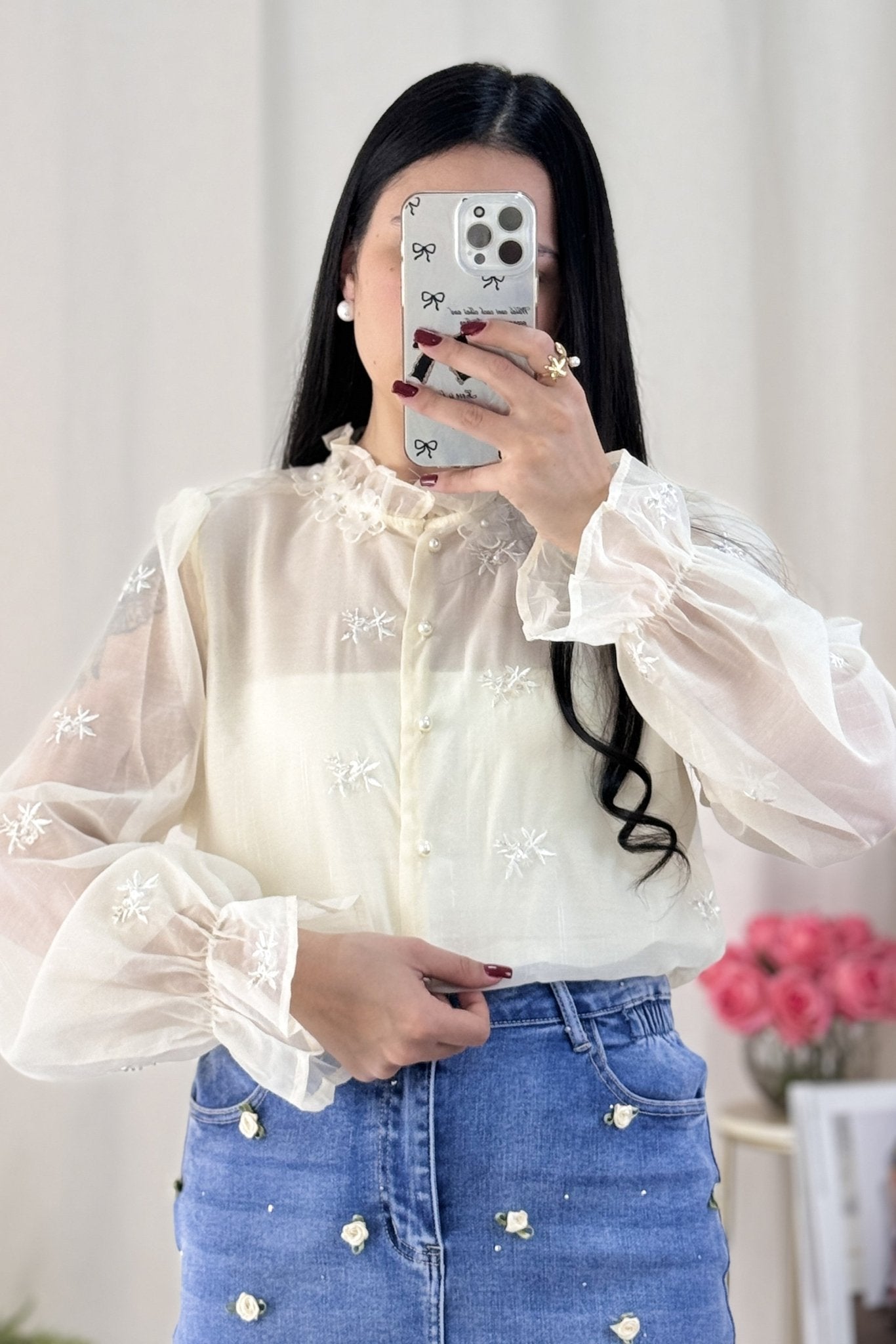 Blusa bordados florais AZAKA - lavishiochiccamisaAZAKA