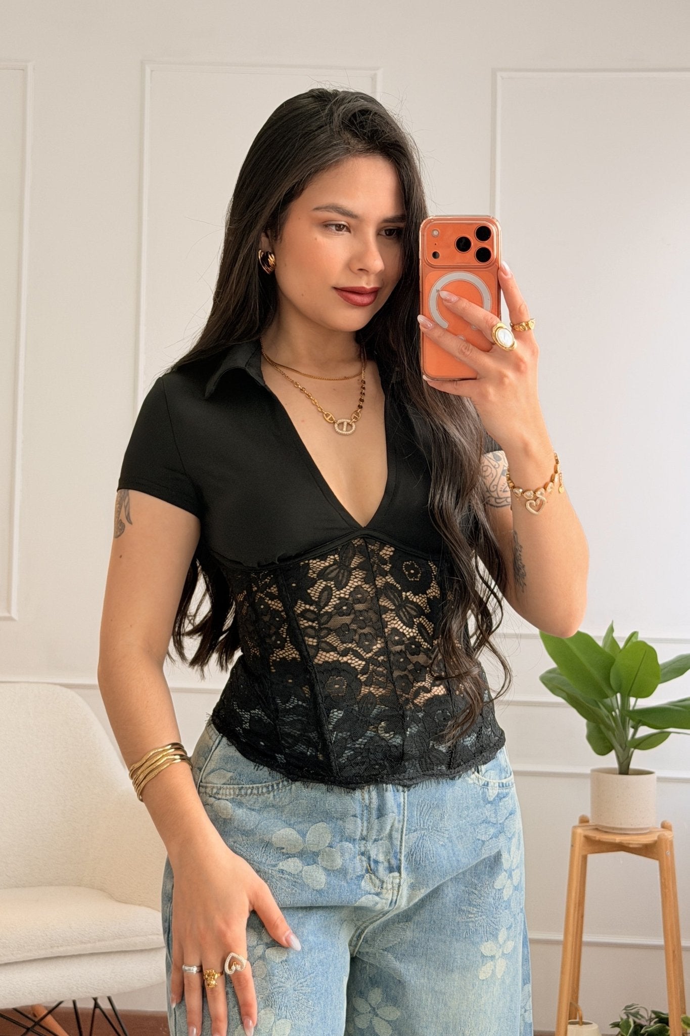 Blusa corset de renda com decote em V - lavishiochicBlusalavishiochic