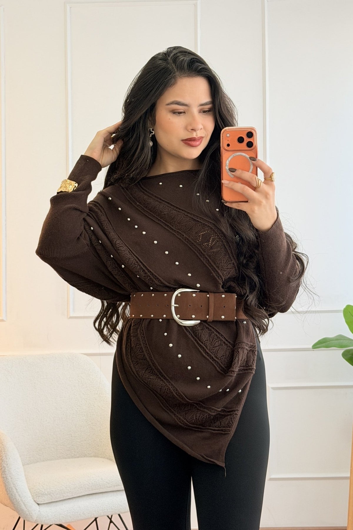 Blusa de malha assimétrica com manga morcego e cinto - lavishiochiccamisolalavishiochic
