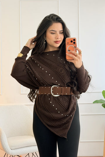 Blusa de malha assimétrica com manga morcego e cinto - lavishiochiccamisolalavishiochic
