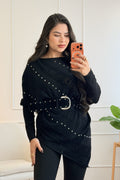 Blusa de malha assimétrica com manga morcego e cinto - lavishiochiccamisolalavishiochic