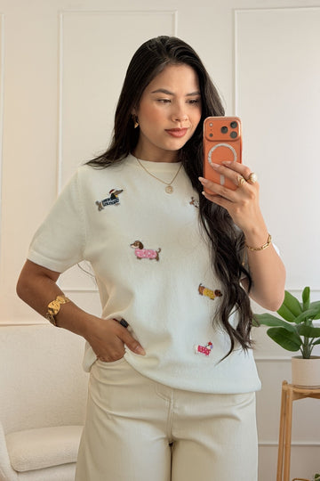 Blusa de malha com bordado de cães - lavishiochicBlusalavishiochic