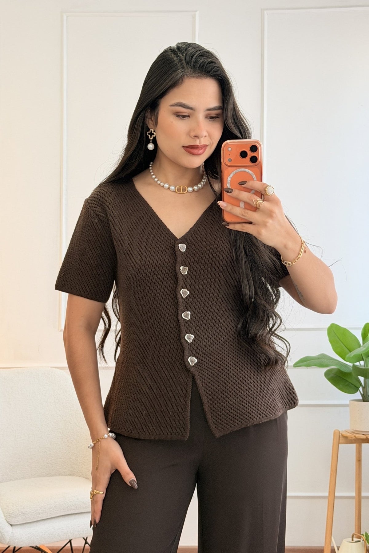 Blusa de malha de manga curta com botões assimétricos - lavishiochicBlusalavishiochic