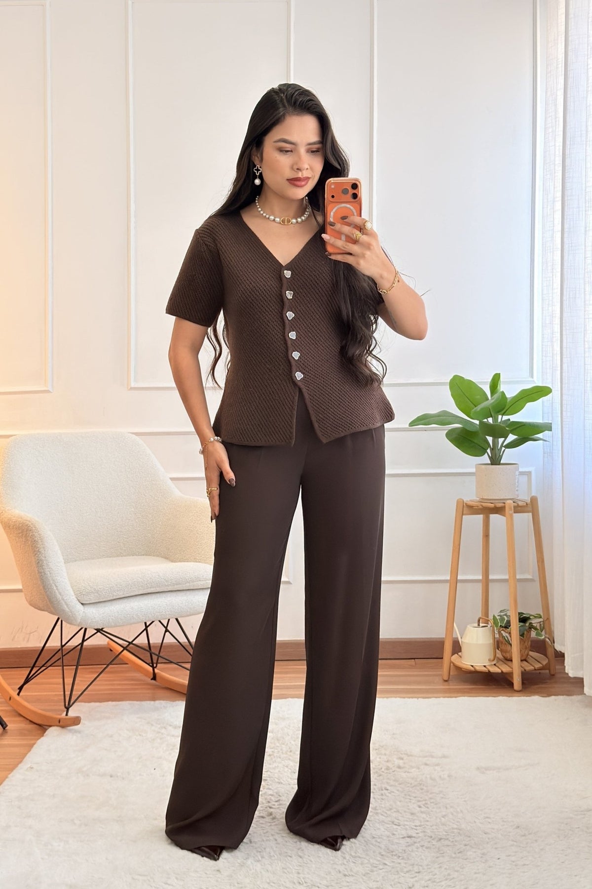 Blusa de malha de manga curta com botões assimétricos - lavishiochicBlusalavishiochic
