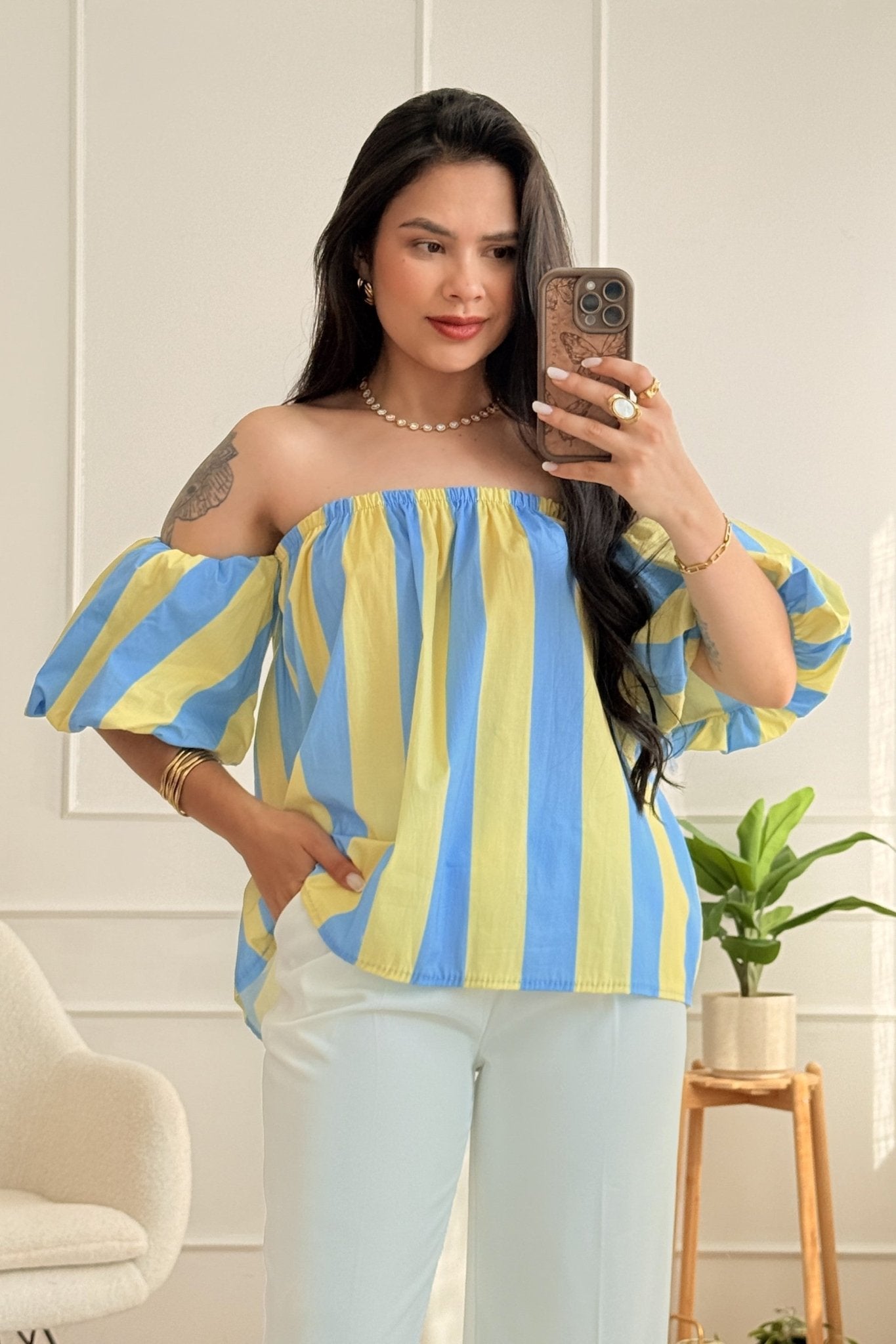 Blusa listrada com manga bufante - lavishiochicBlusalavishiochic