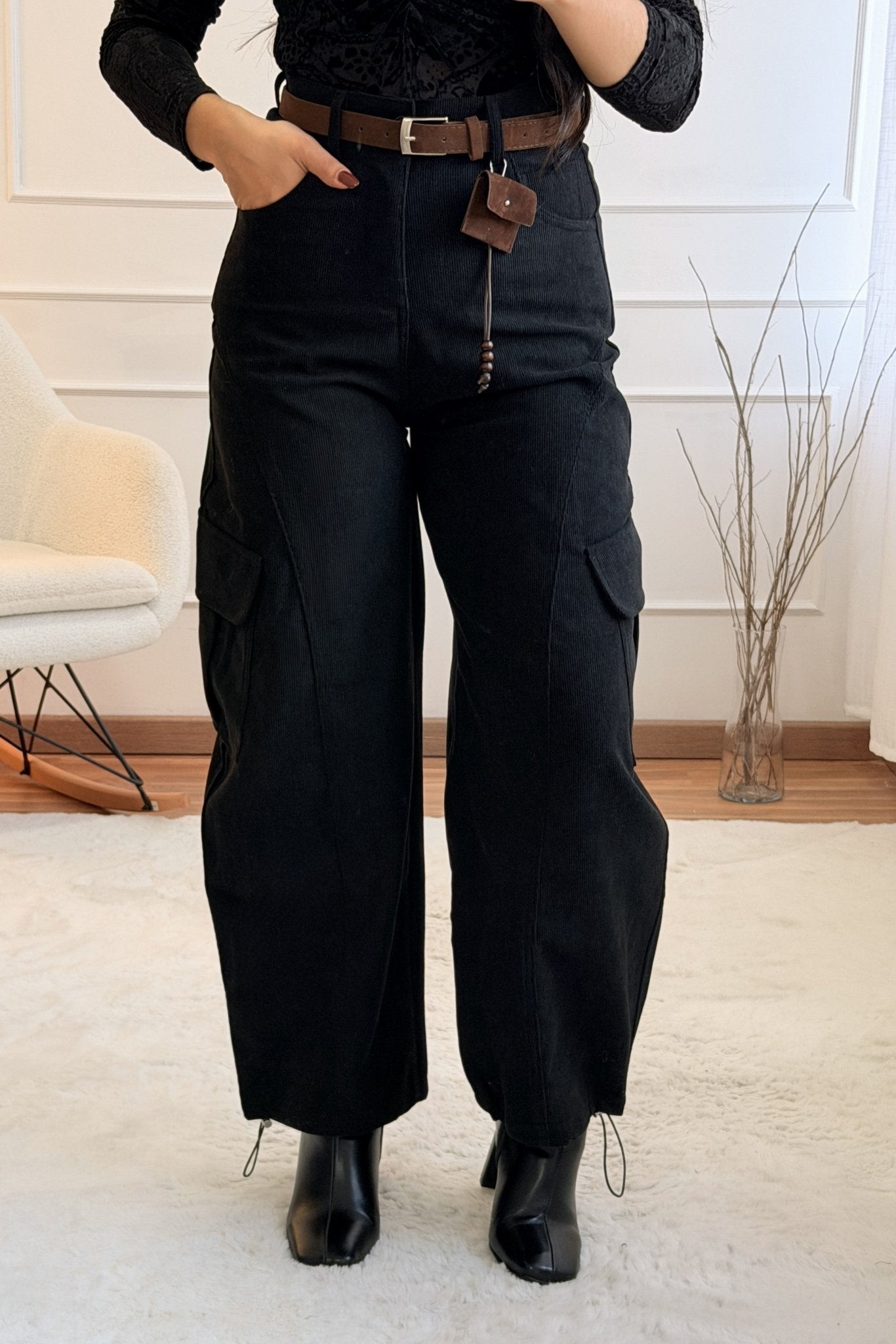 Calça Cargo em Bombazine com Cinto - lavishiochicCalçalavishiochic