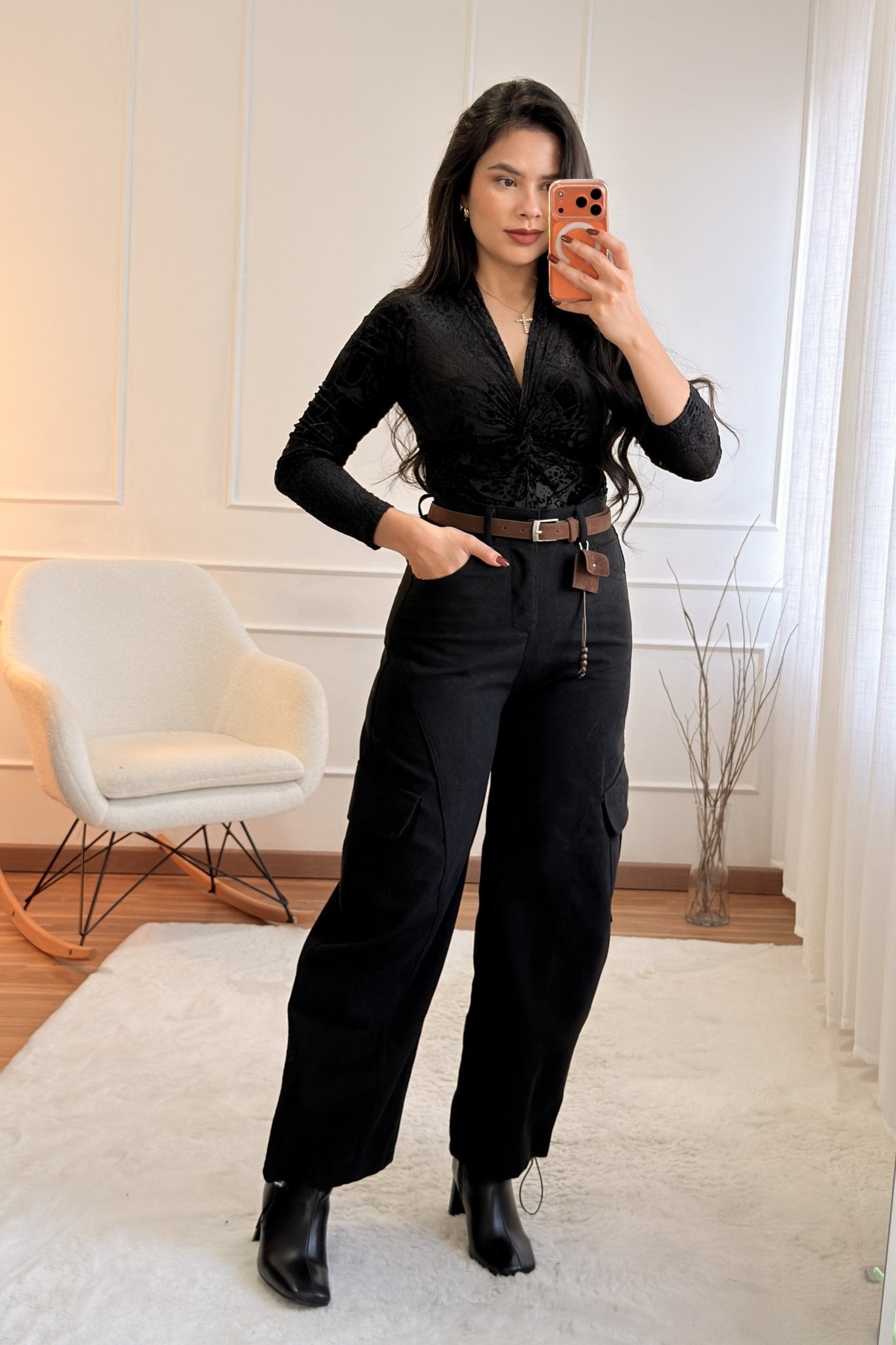 Calça Cargo em Bombazine com Cinto - lavishiochicCalçalavishiochic