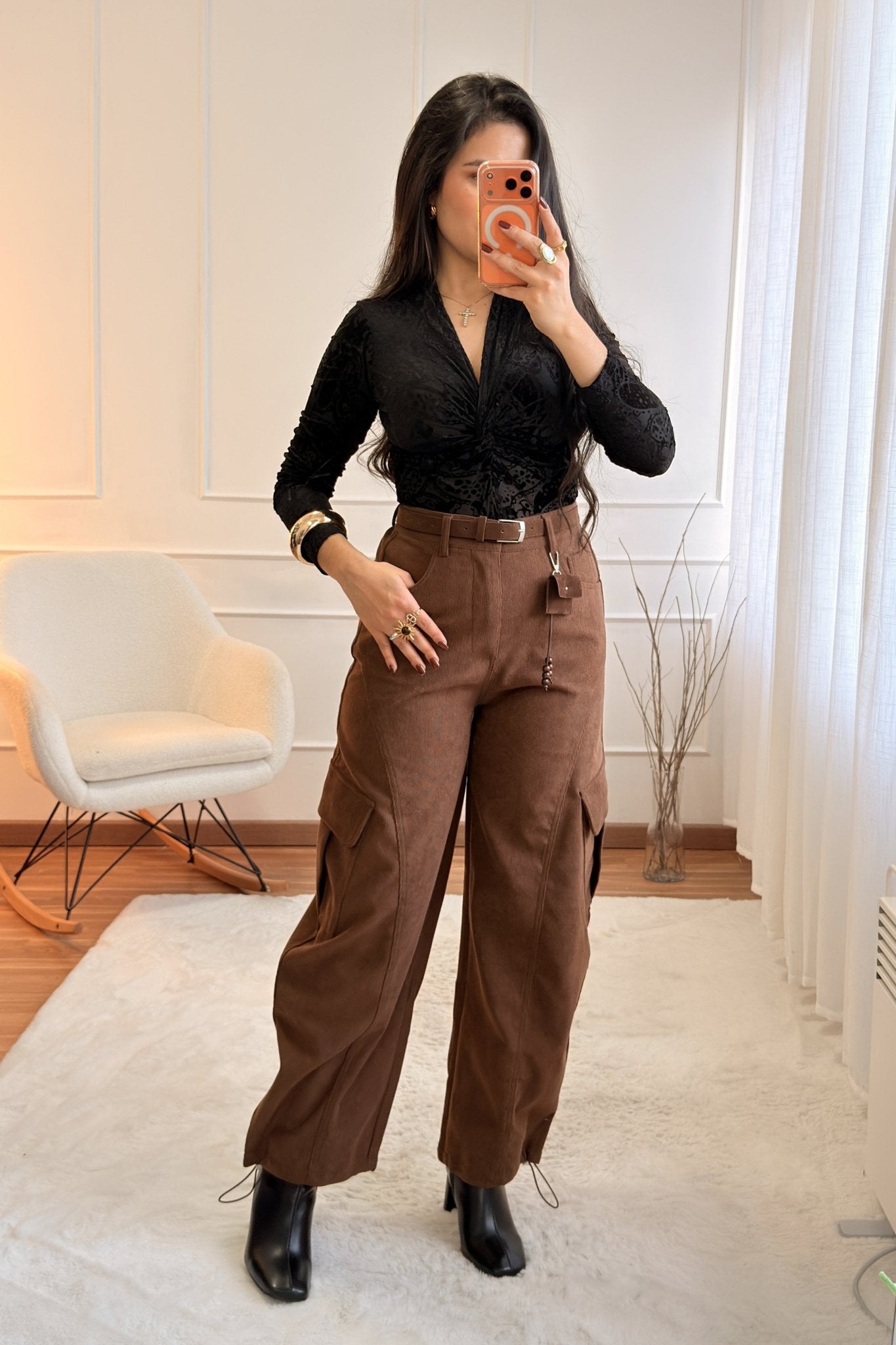 Calça Cargo em Bombazine com Cinto - lavishiochicCalçalavishiochic