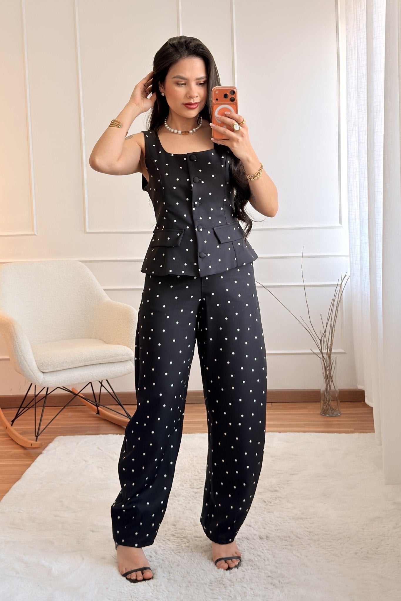 Calça de bolinhas com cintura alta - lavishiochicCalçalavishiochic