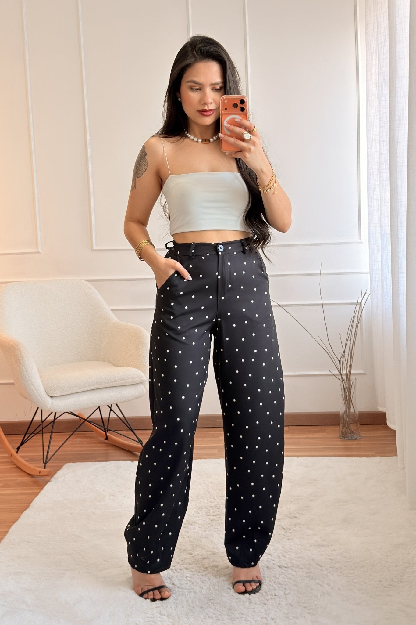 Calça de bolinhas com cintura alta - lavishiochicCalçalavishiochic