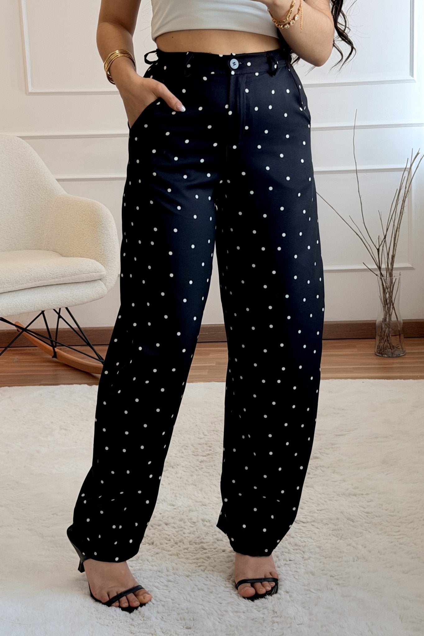 Calça de bolinhas com cintura alta - lavishiochicCalçalavishiochic