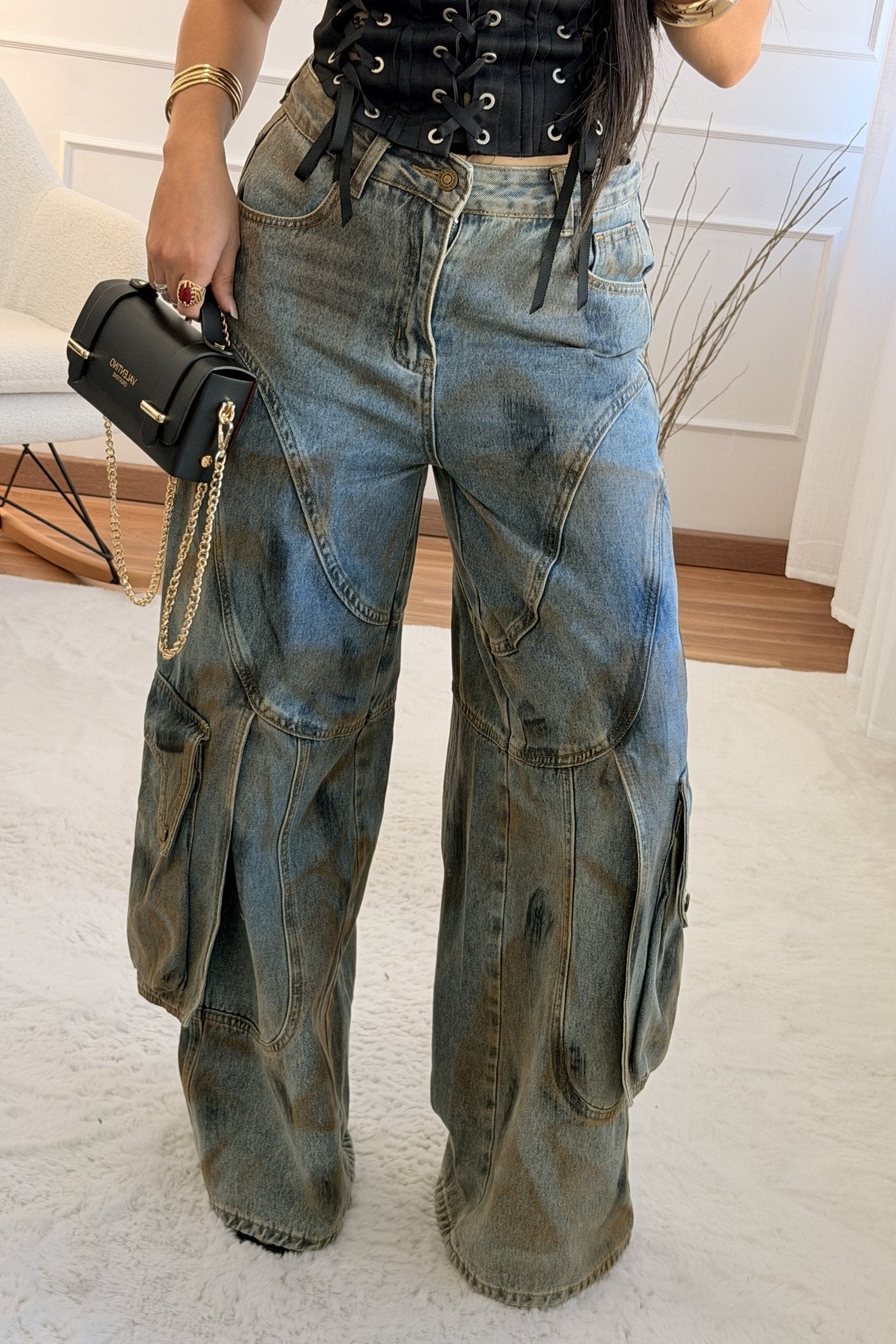 Calça de ganga cargo largas MOCHY - lavishiochicCalçaMochy