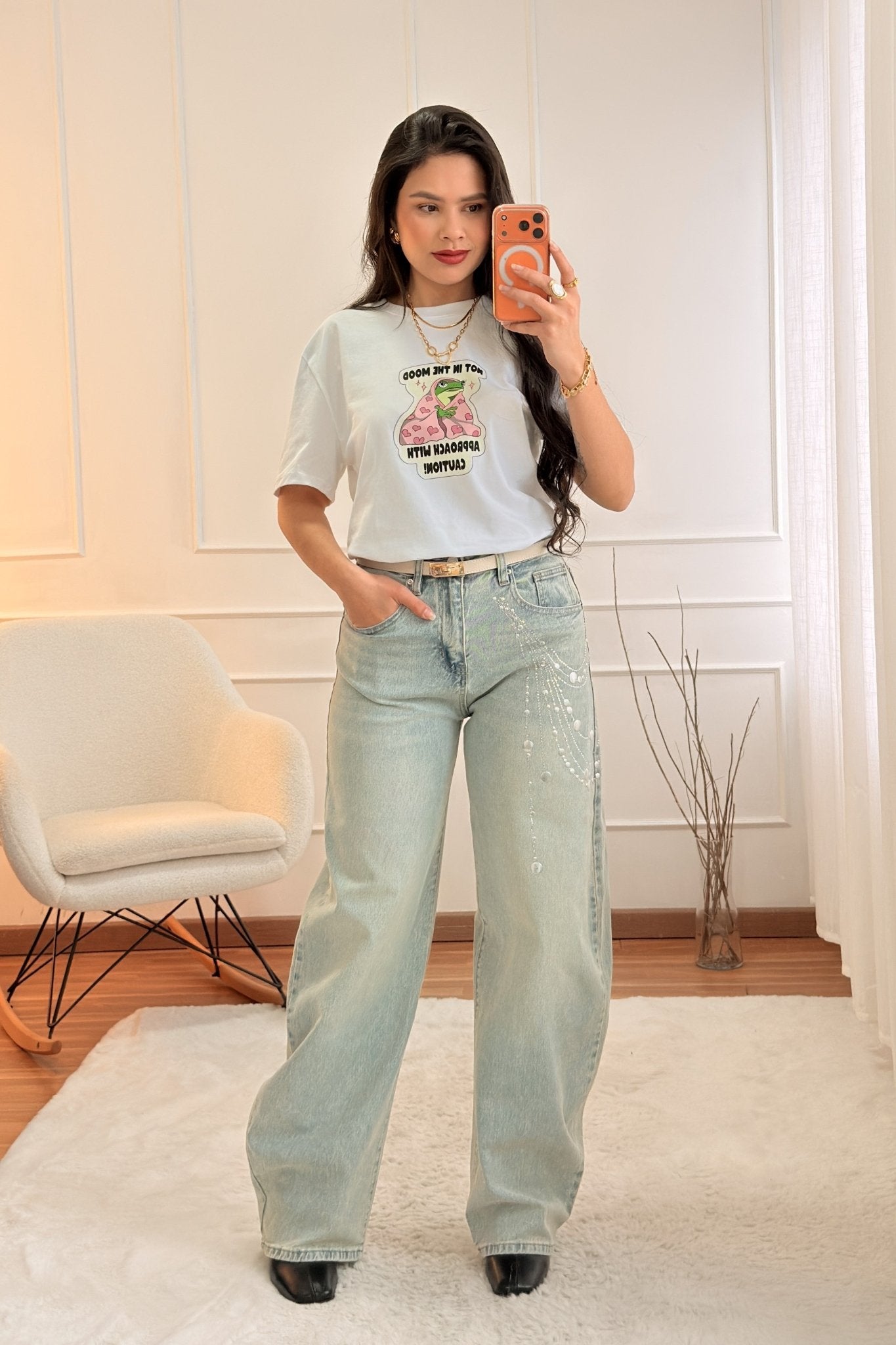 Calça de Ganga com Aplicações de Brilho - lavishiochicCalçalavishiochic