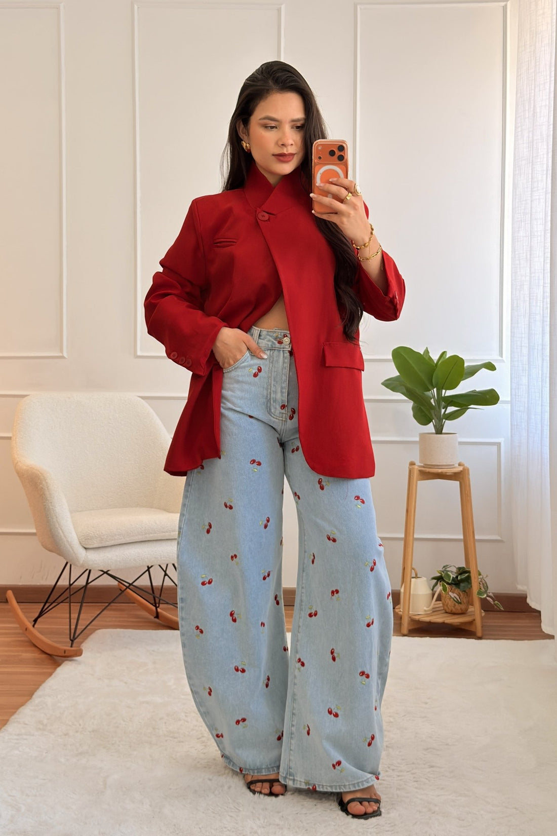 Calça de Ganga com Cerejas Bordadas MOCHY - lavishiochicCalçasMochy
