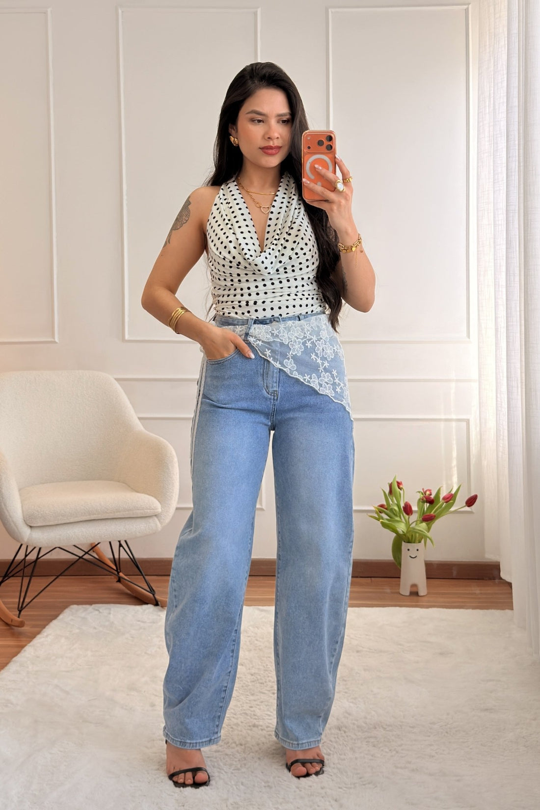 Calça de ganga com detalhe de lenço rendado - lavishiochicCalçalavishiochic