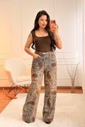 Calça de ganga com estampa castanha - lavishiochicCalçaslavishiochic