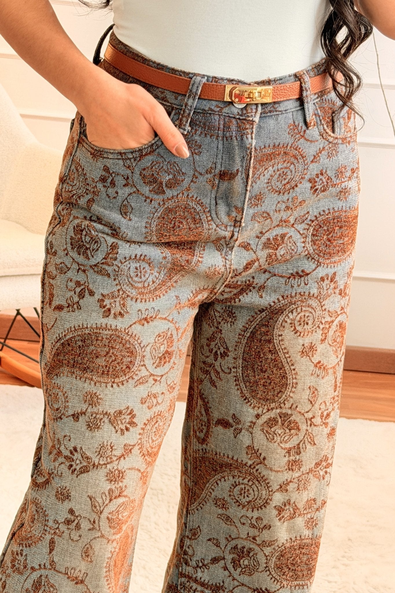 Calça de ganga com estampa castanha - lavishiochicCalçaslavishiochic