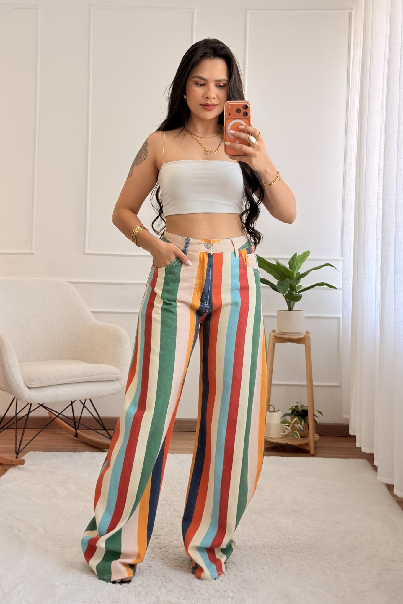 Calça jeans wide listrada colorida MOCHY - lavishiochicCalçaMochy