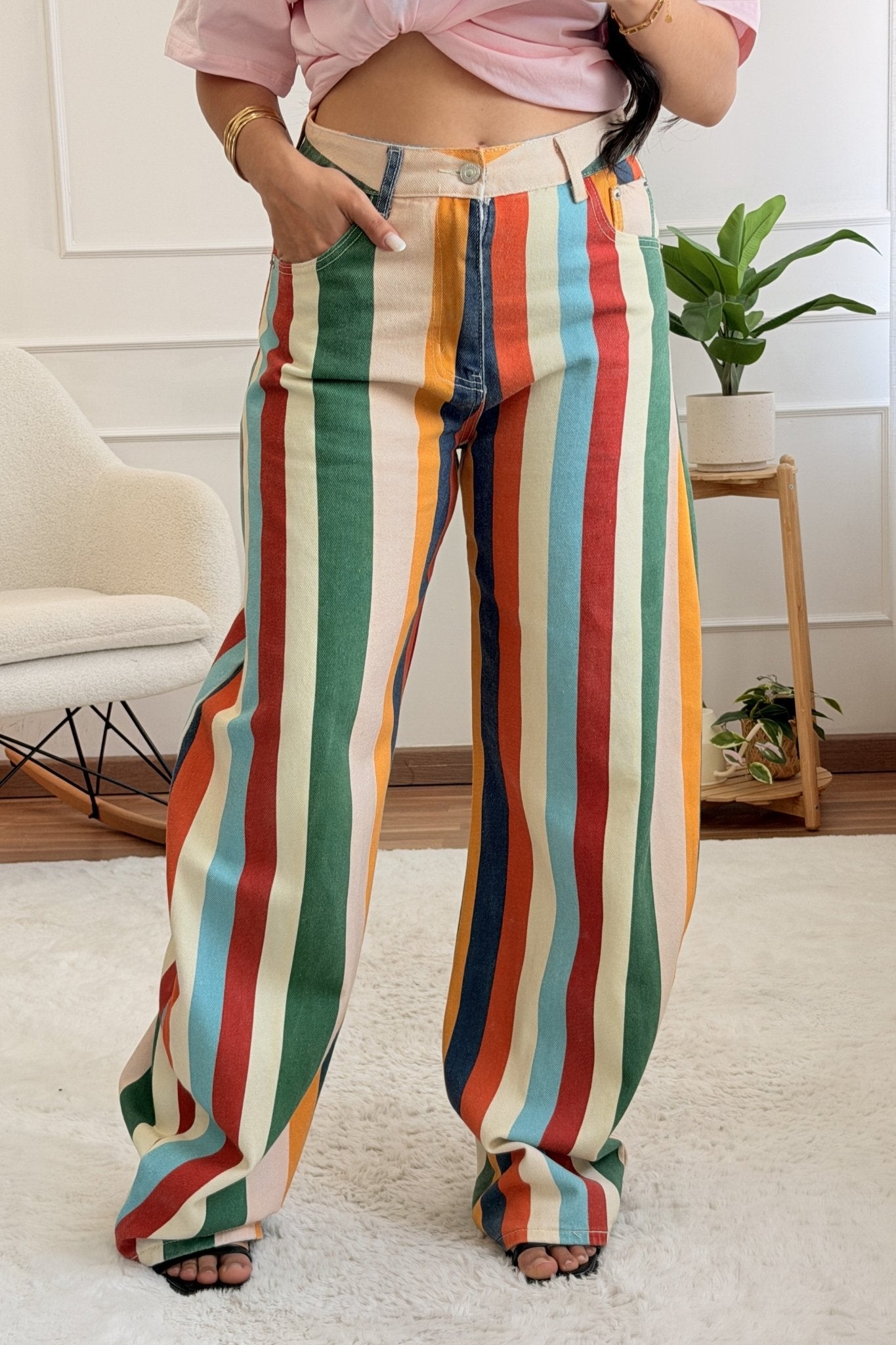 Calça jeans wide listrada colorida MOCHY - lavishiochicCalçaMochy