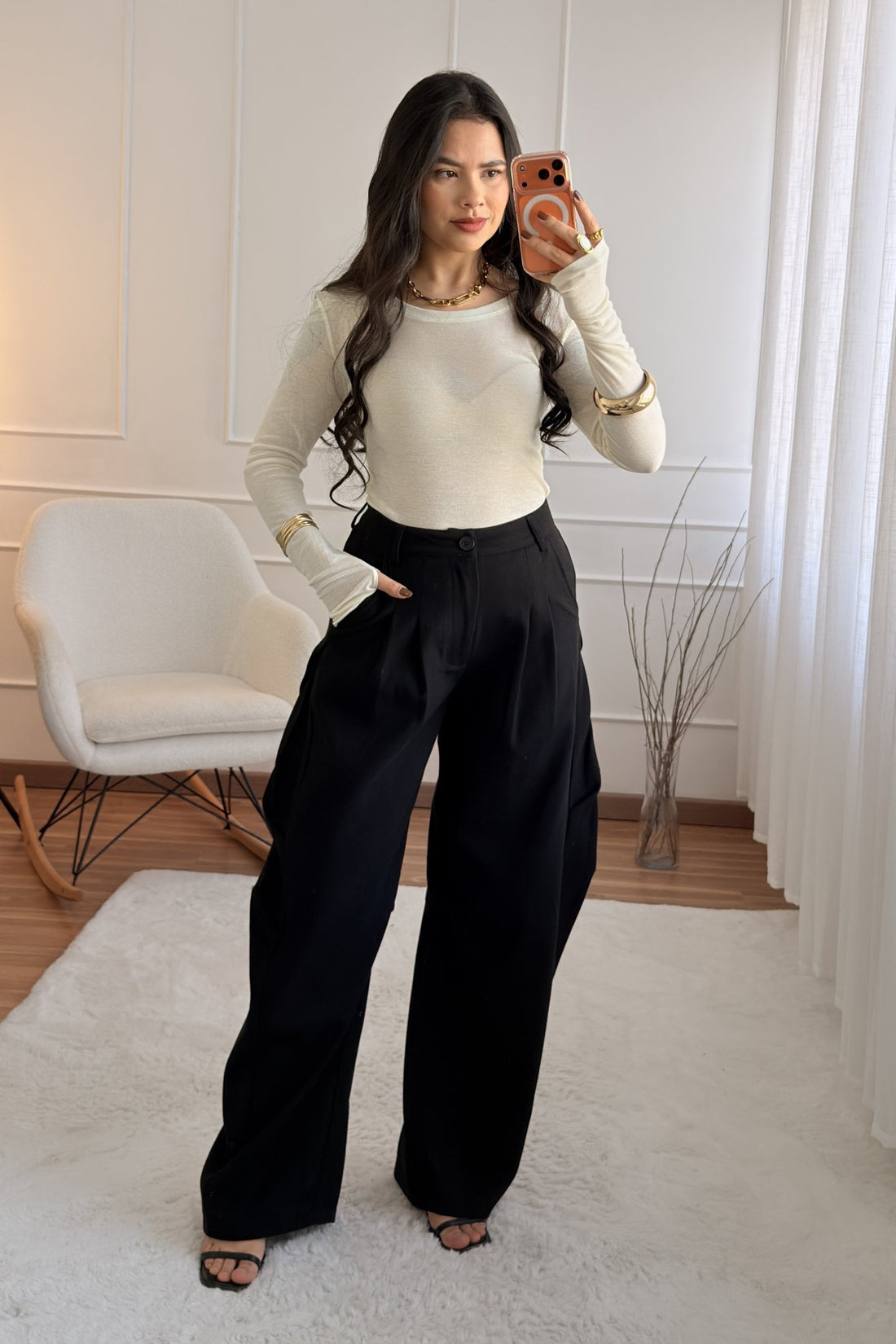 Calças largas de cintura alta com pregas - lavishiochicCalçaMochy