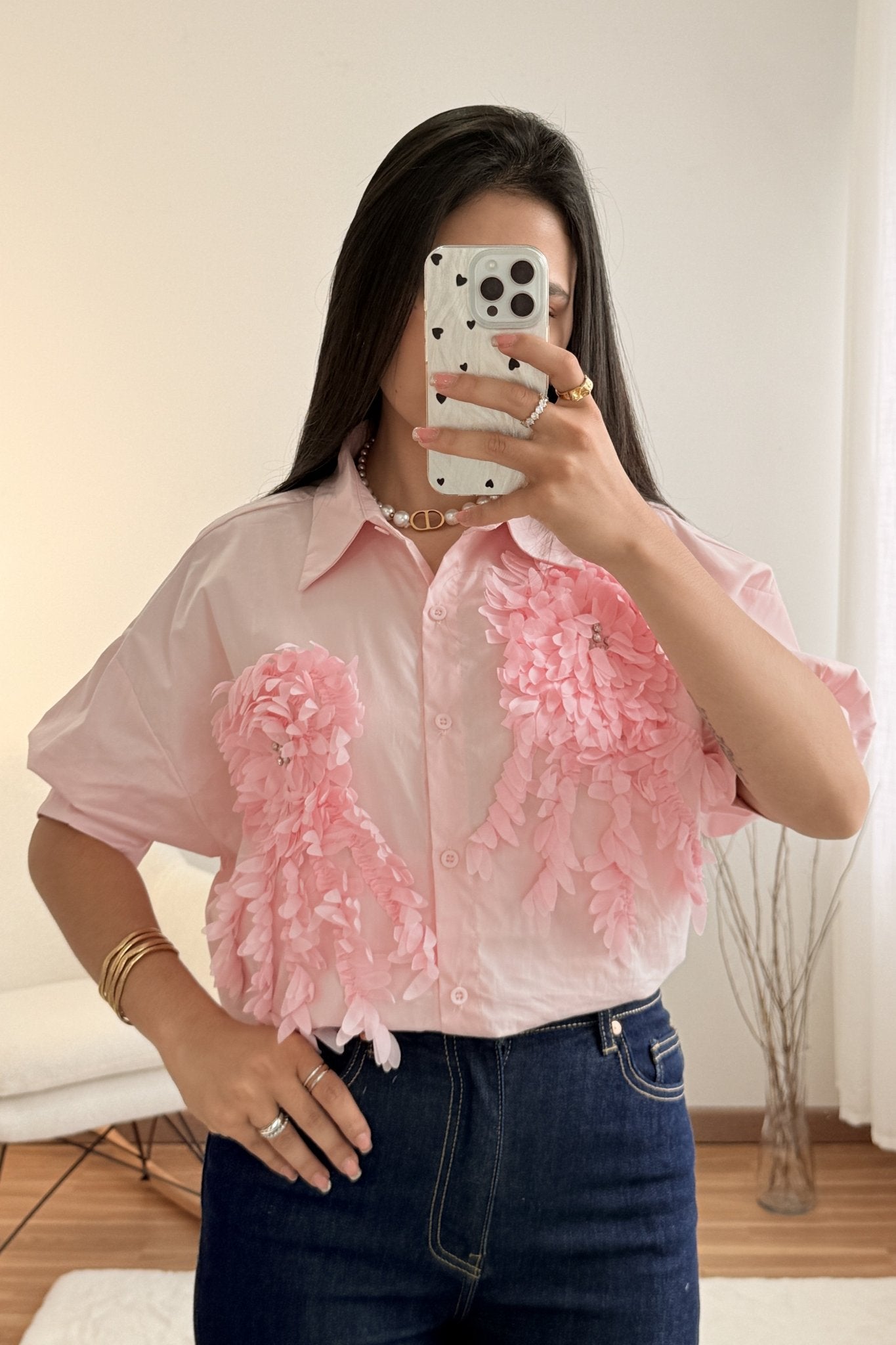 Camisa bordados florais em relevo MOCHY - lavishiochiccamisaMochy