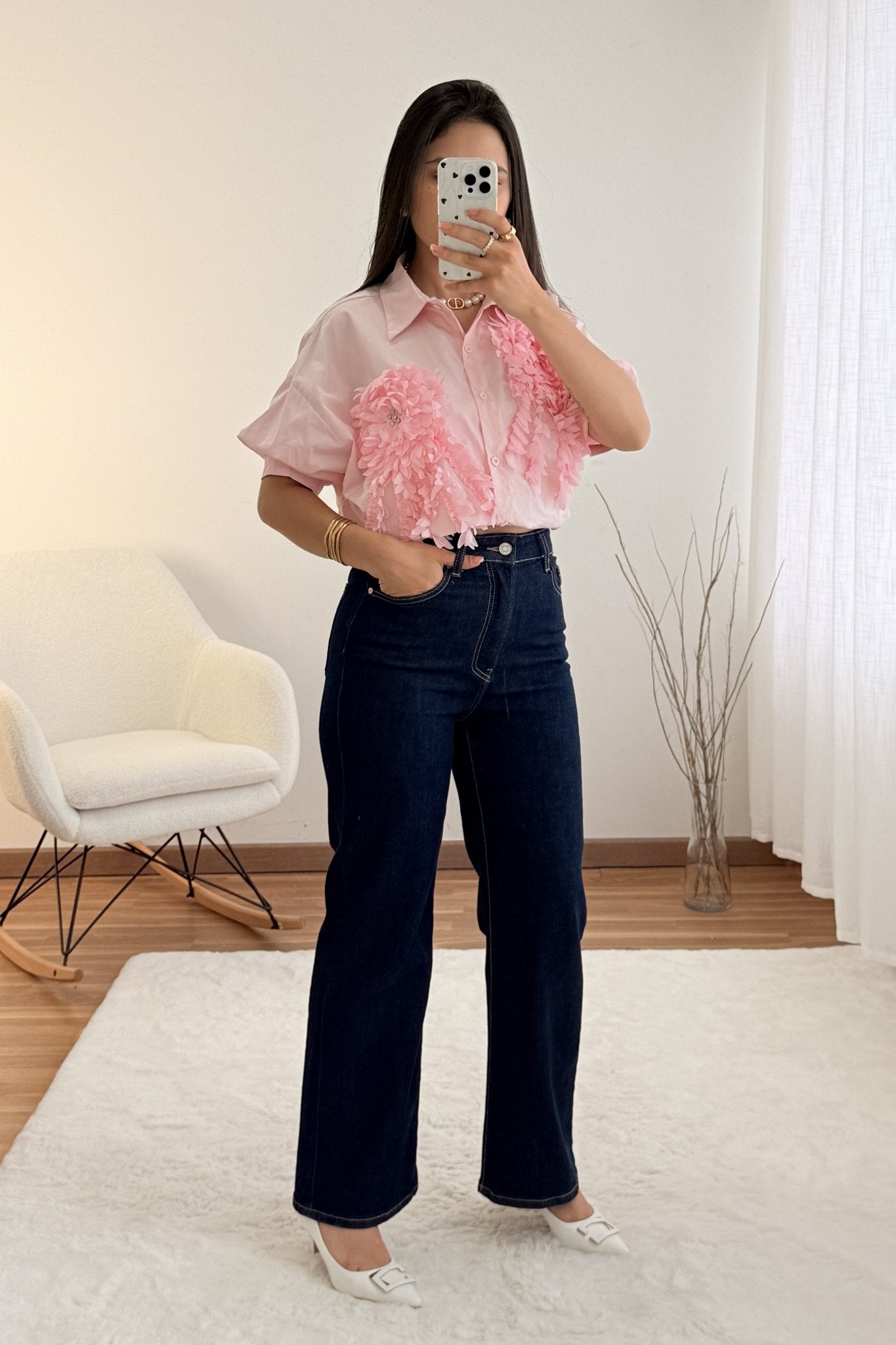 Camisa bordados florais em relevo MOCHY - lavishiochiccamisaMochy