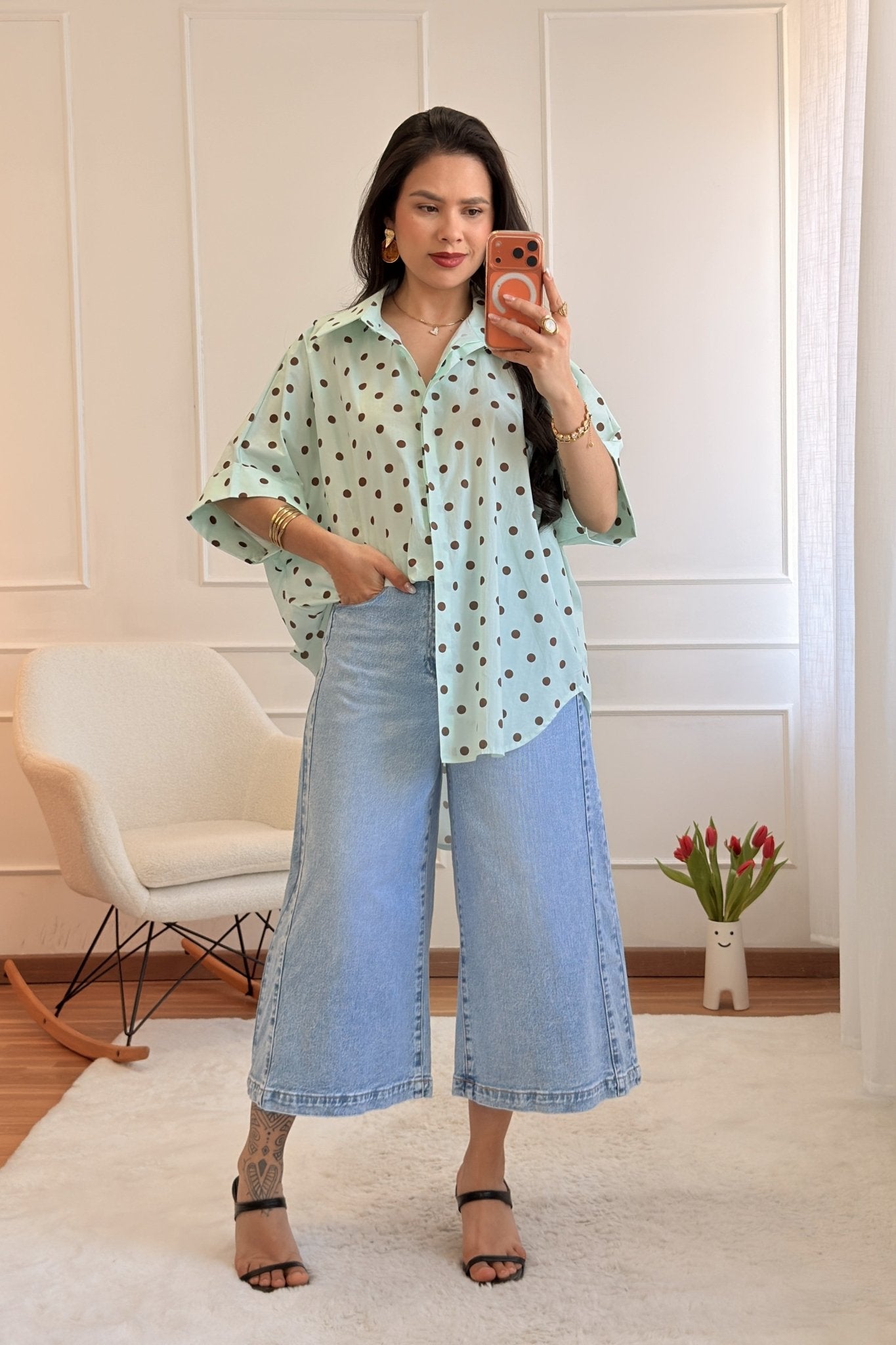 Camisa Oversize com Estampa de bolinha - lavishiochiccamisalavishiochic