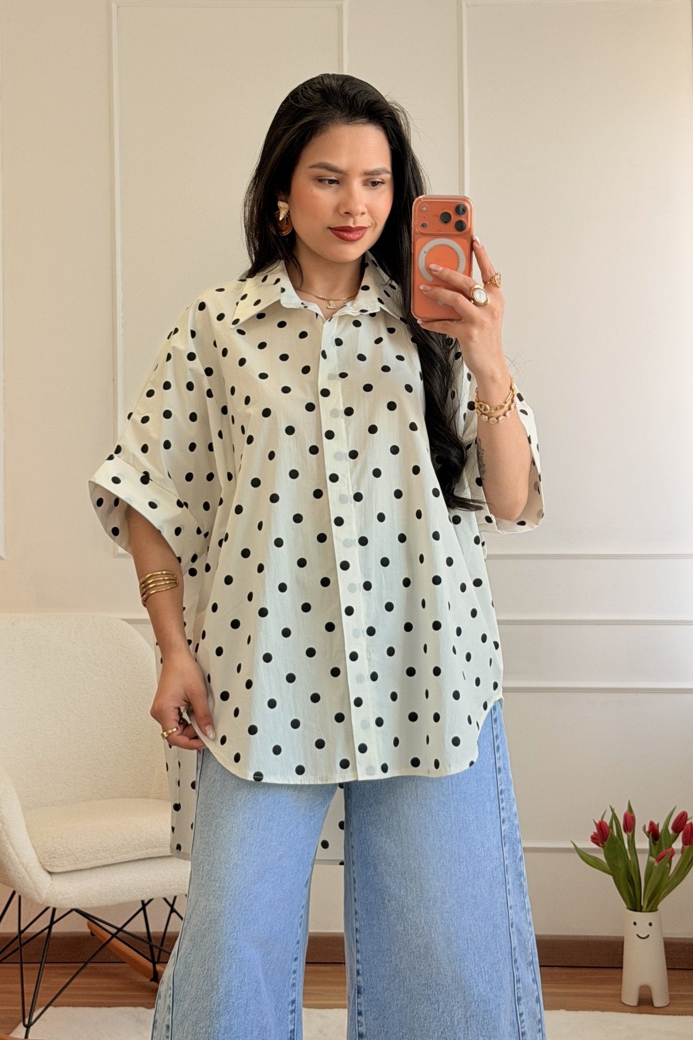 Camisa Oversize com Estampa de bolinha - lavishiochiccamisalavishiochic