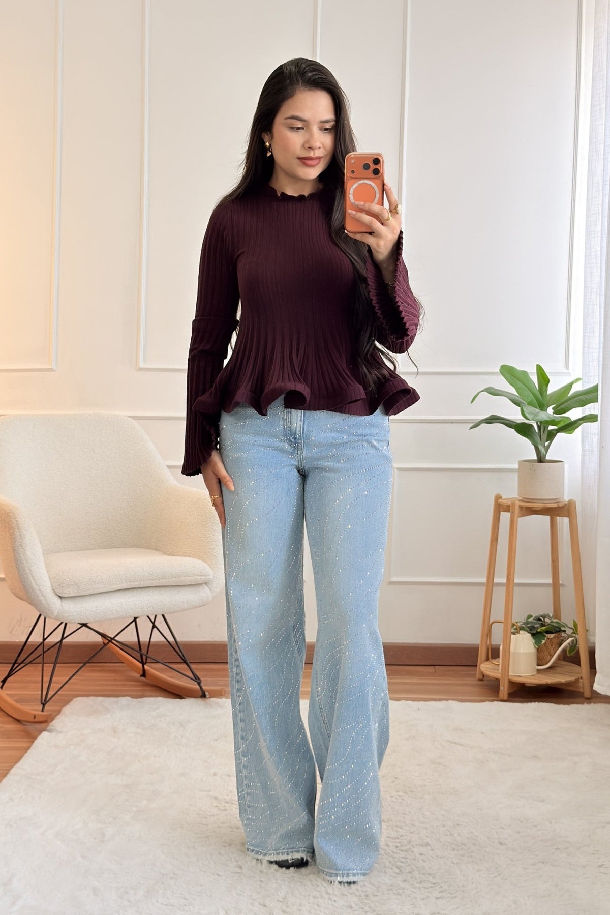 Camisola de malha canelada com gola de folho e mangas flare - lavishiochiccamisolalavishiochic