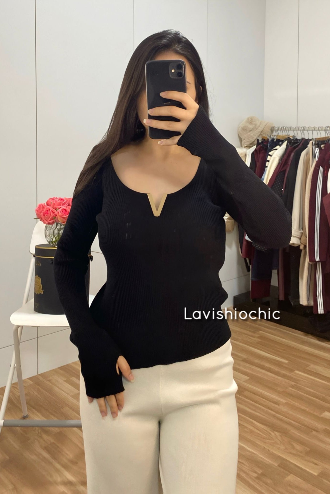 Camisola de malha em V Mochy - lavishiochiccamisolamochy