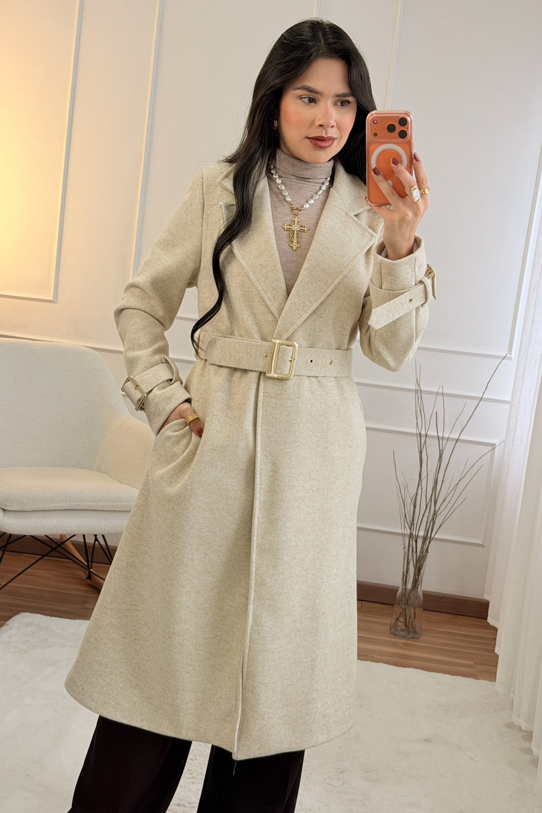 Casaco Midi com Cinto e Fivela Dourada - lavishiochiccasacolavishiochic