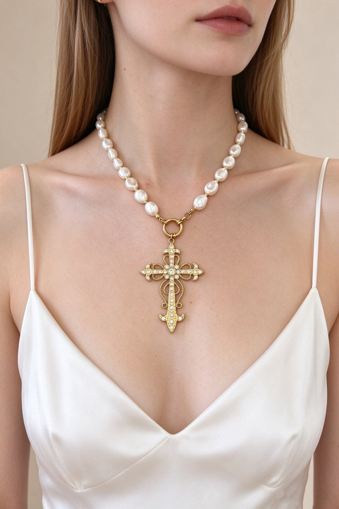 Colar de pérolas barrocas com cruz de cristais Aço - lavishiochicColareslavishiochic
