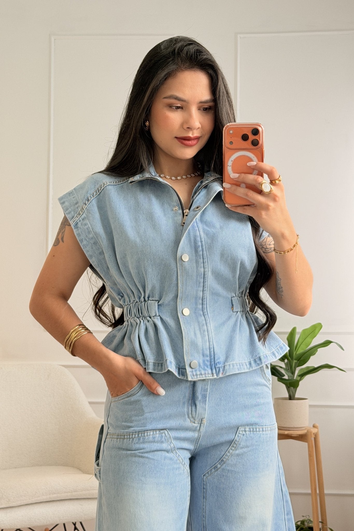 Conjunto de colete e calça de ganga MOCHY - lavishiochicconjuntoMochy