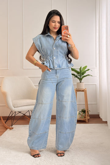 Conjunto de colete e calça de ganga MOCHY - lavishiochicconjuntoMochy
