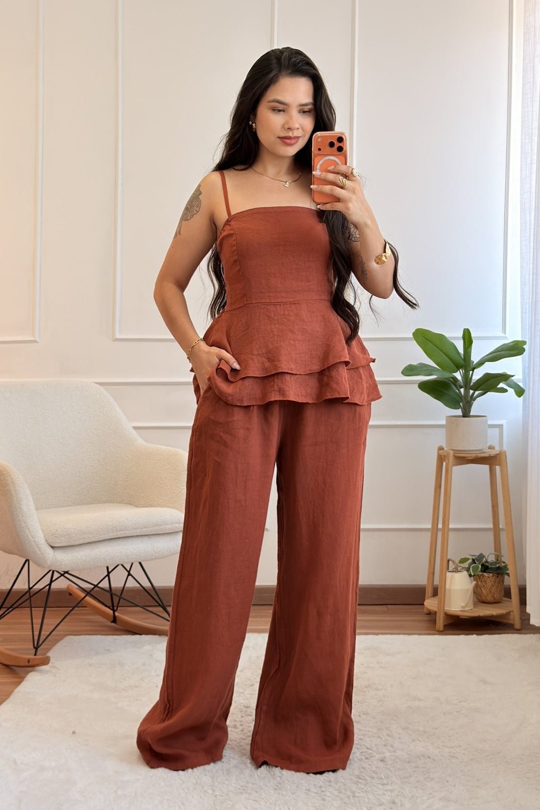 Conjunto de top e calça 100% linho - lavishiochicconjuntolavishiochic