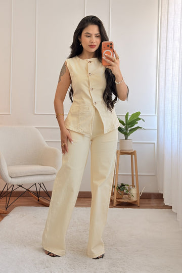 Conjunto denim colete e calça wide leg - lavishiochicconjuntolavishiochic