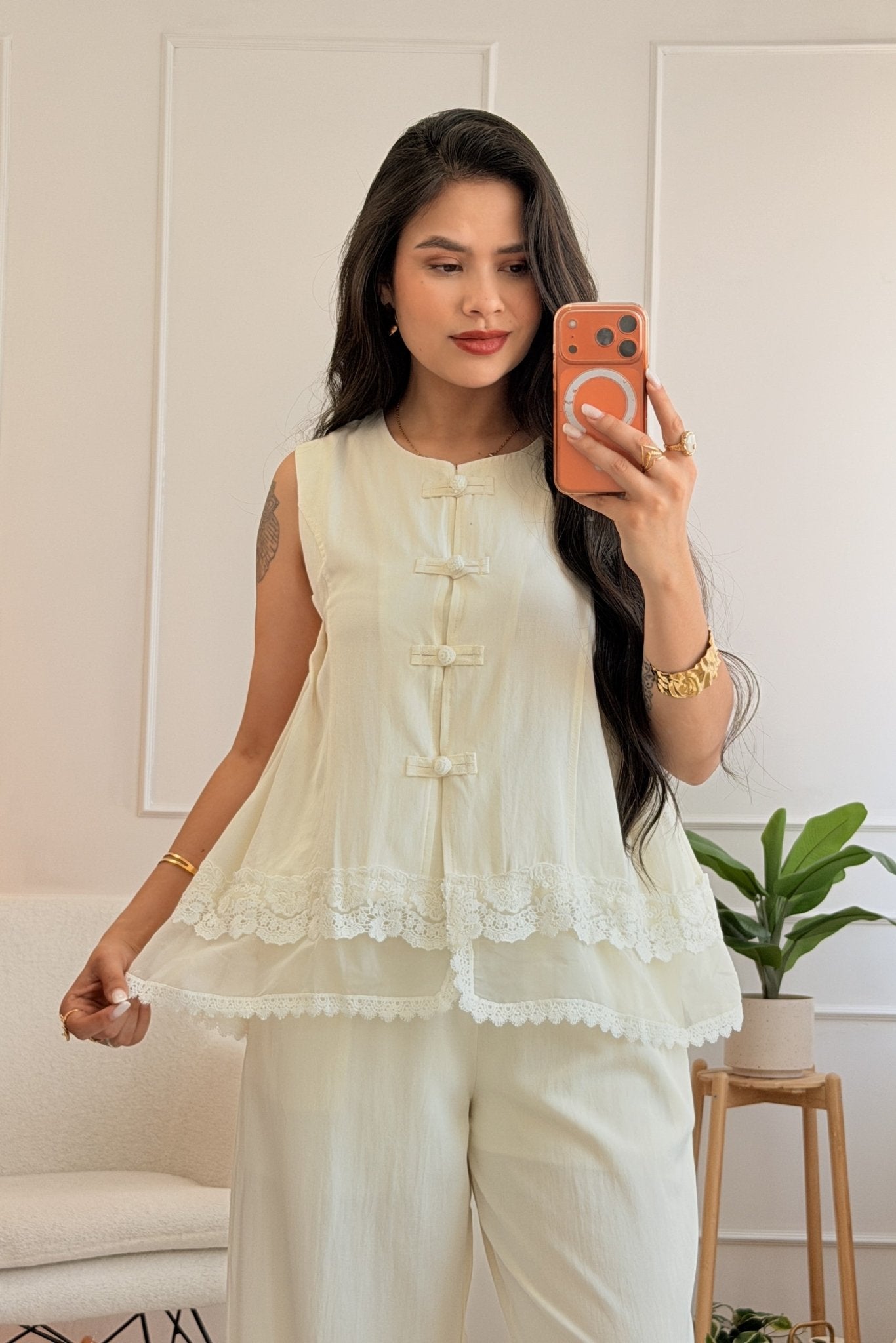 Conjunto em linho 100% com detalhe de renda MOCHY - lavishiochicconjuntoMochy