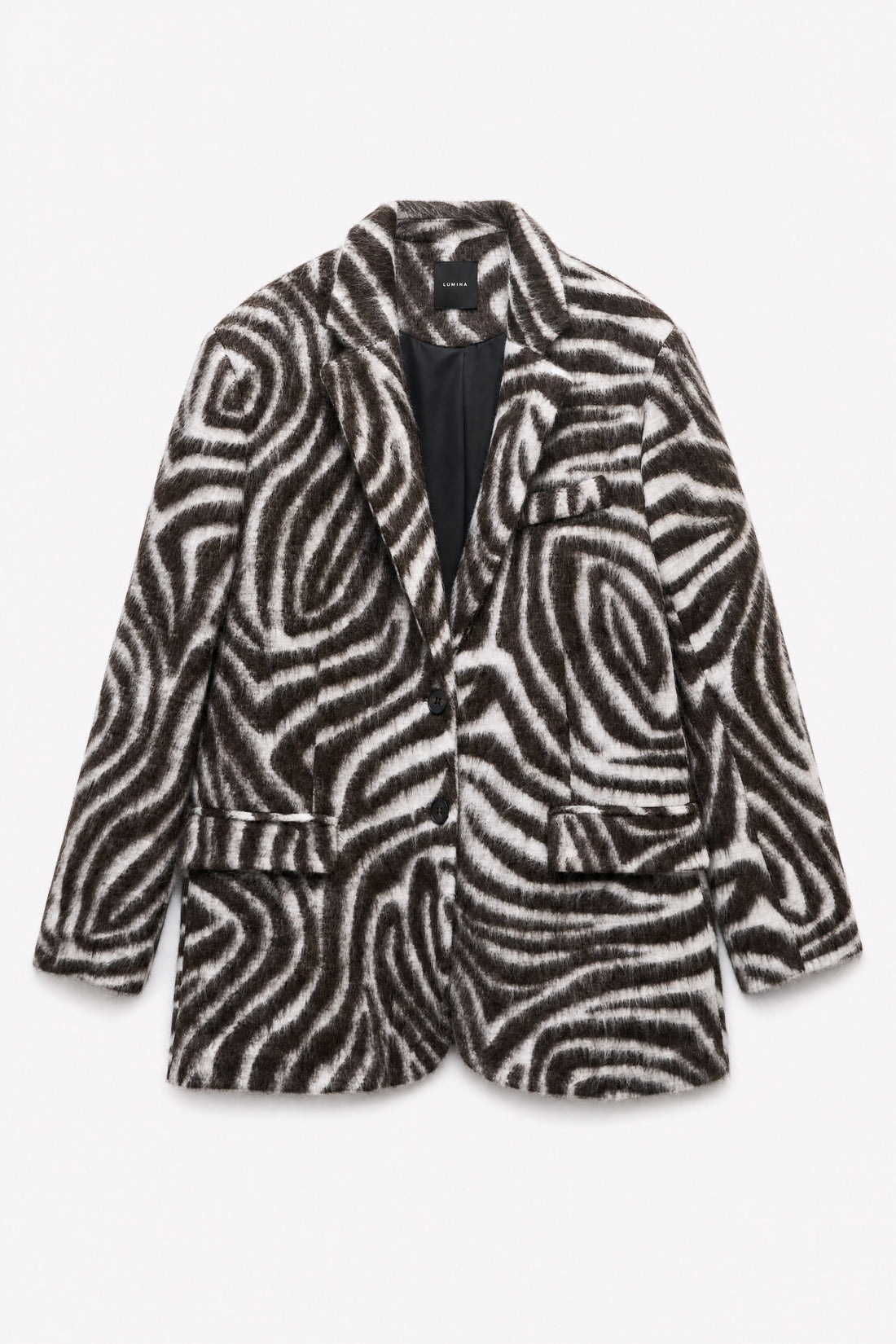 Blazer oversized em pelo sintético com padrão zebra LUMINA