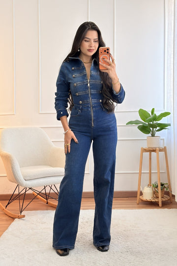 Macacão jeans com botões decorativos - lavishiochicmacacãolavishiochic