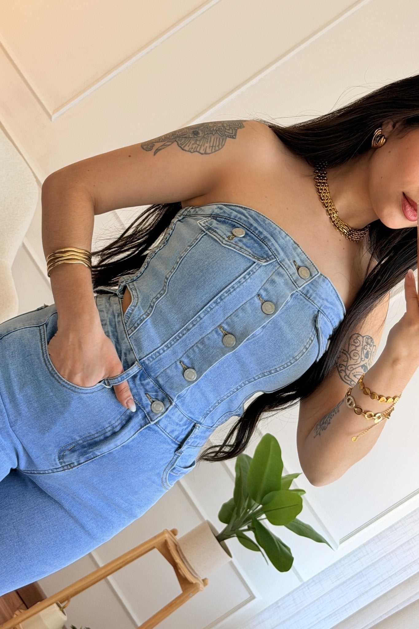 Macacão longo jeans sem alças - lavishiochicmacacãolavishiochic