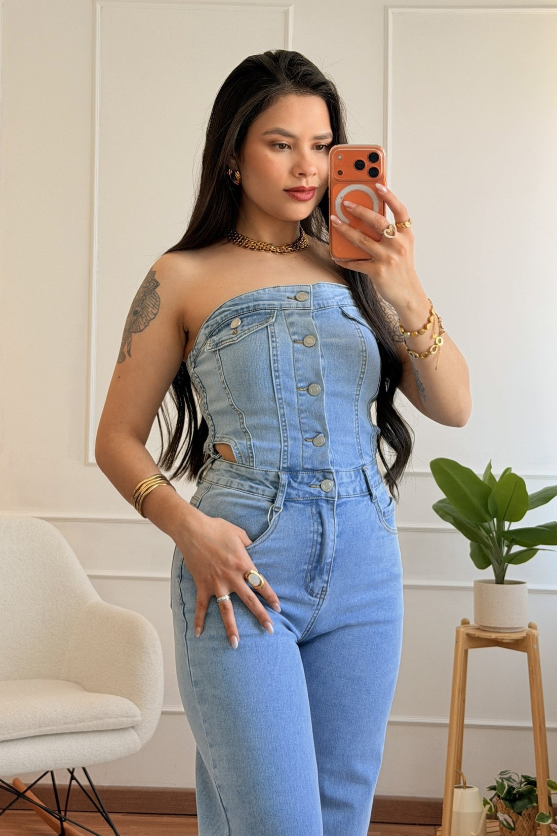 Macacão longo jeans sem alças - lavishiochicmacacãolavishiochic