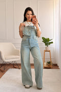 Macacão salopete jeans wide leg desgastado AZAKA - lavishiochicmacacãoAZAKA
