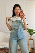 Macacão salopete jeans wide leg desgastado AZAKA - lavishiochicmacacãoAZAKA