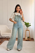 Macacão salopete jeans wide leg desgastado AZAKA - lavishiochicmacacãoAZAKA