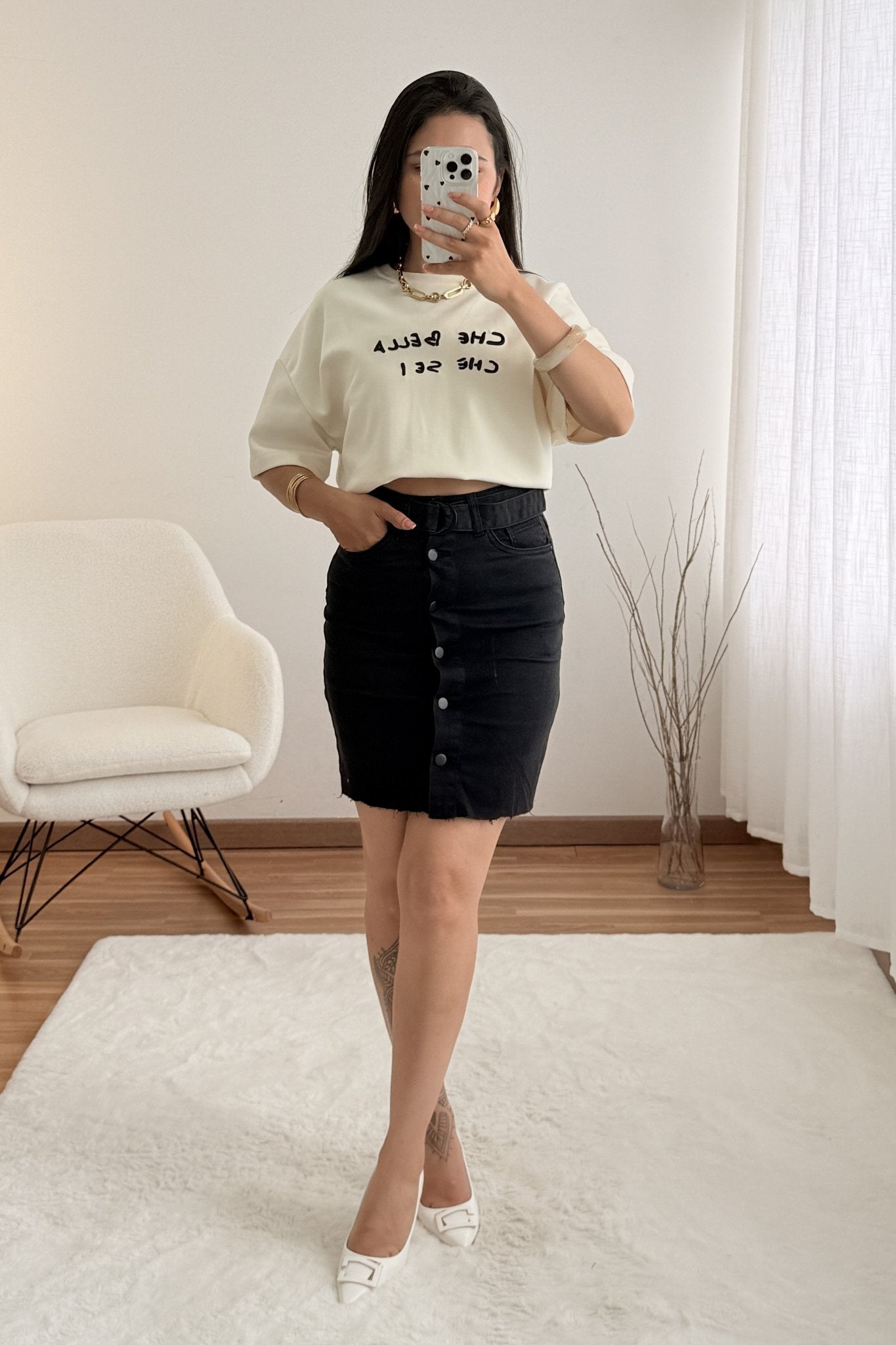 Saia de ganga preta com botões - lavishiochicsaialavishiochic