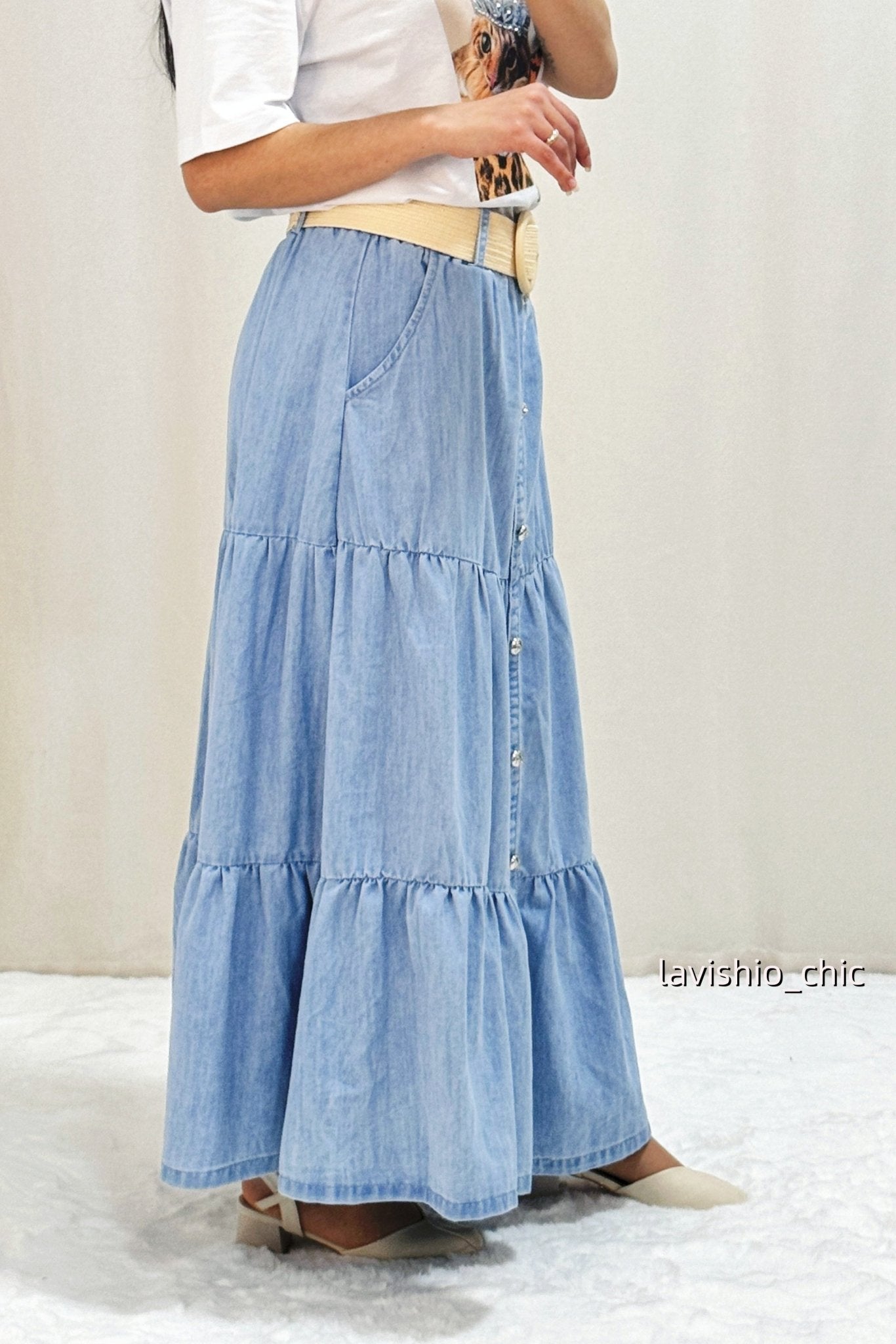 Saia Jeans com cinto - lavishiochicsaialavishiochic