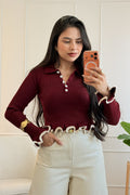 Top de malha canelada com gola polo e folhos - lavishiochicTOPlavishiochic