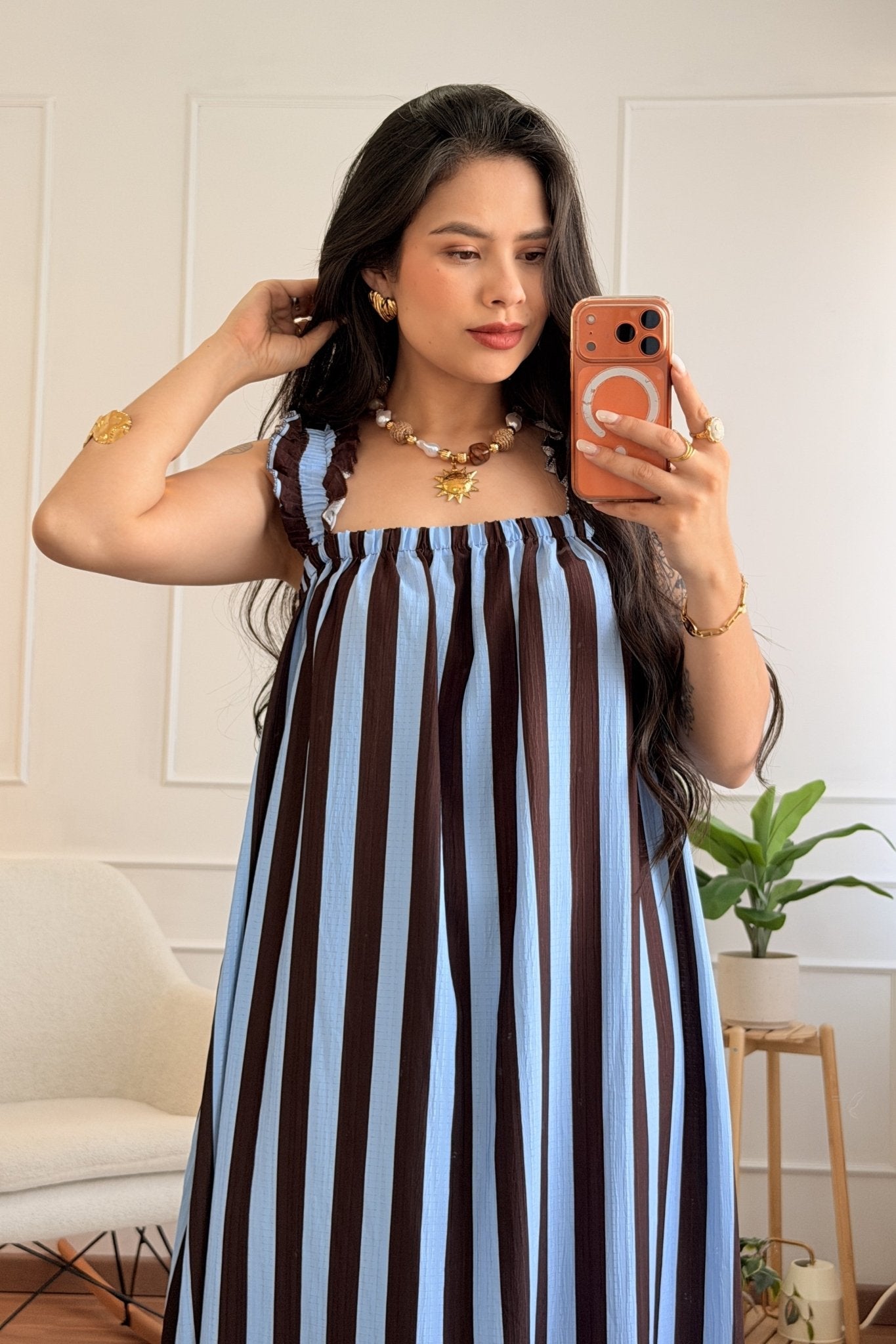Vestido alça babado listrado com costas em laço - lavishiochicvestidolavishiochic